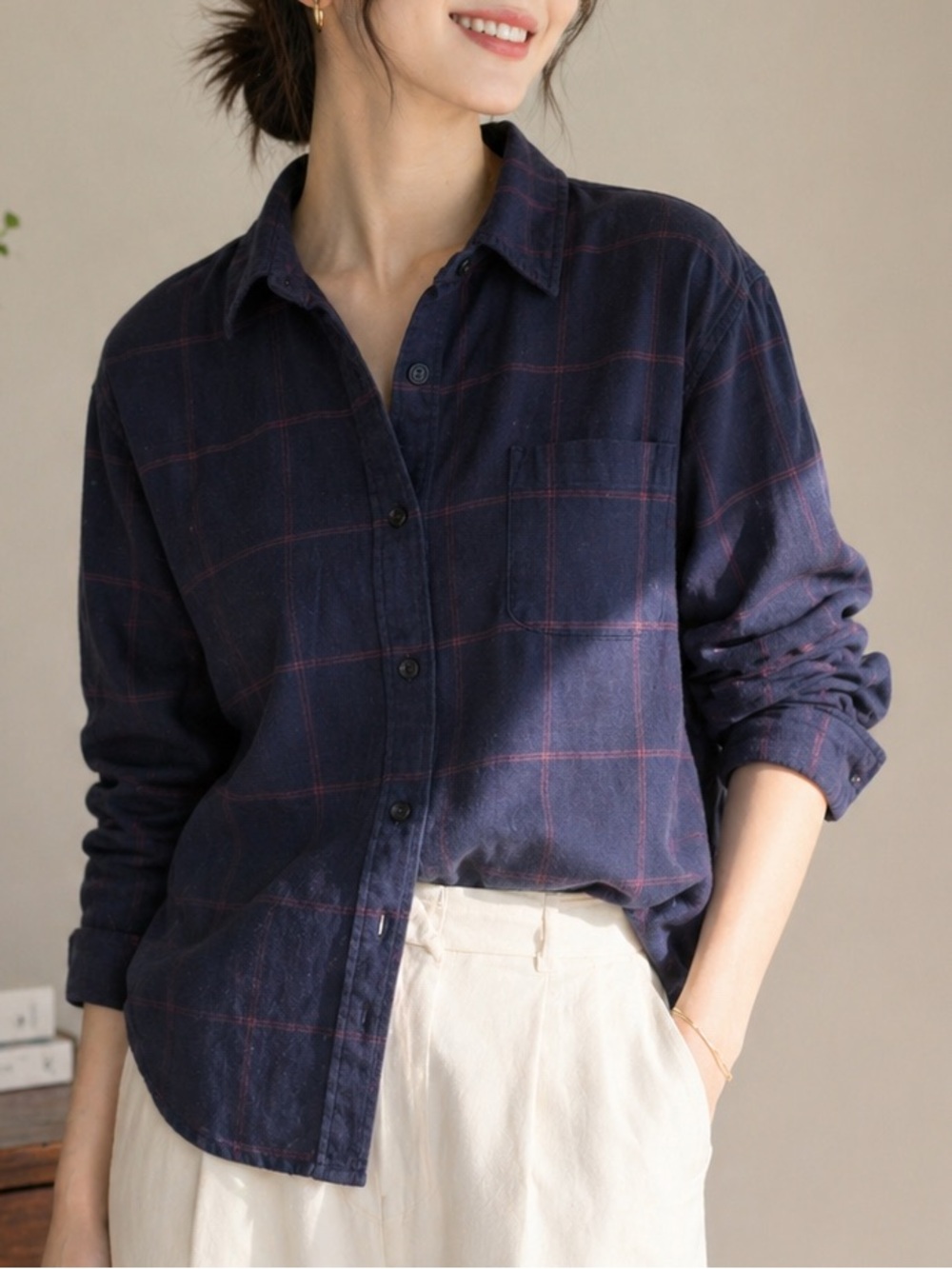 Muji Navy Button-Up Shirt with Red Windowpane